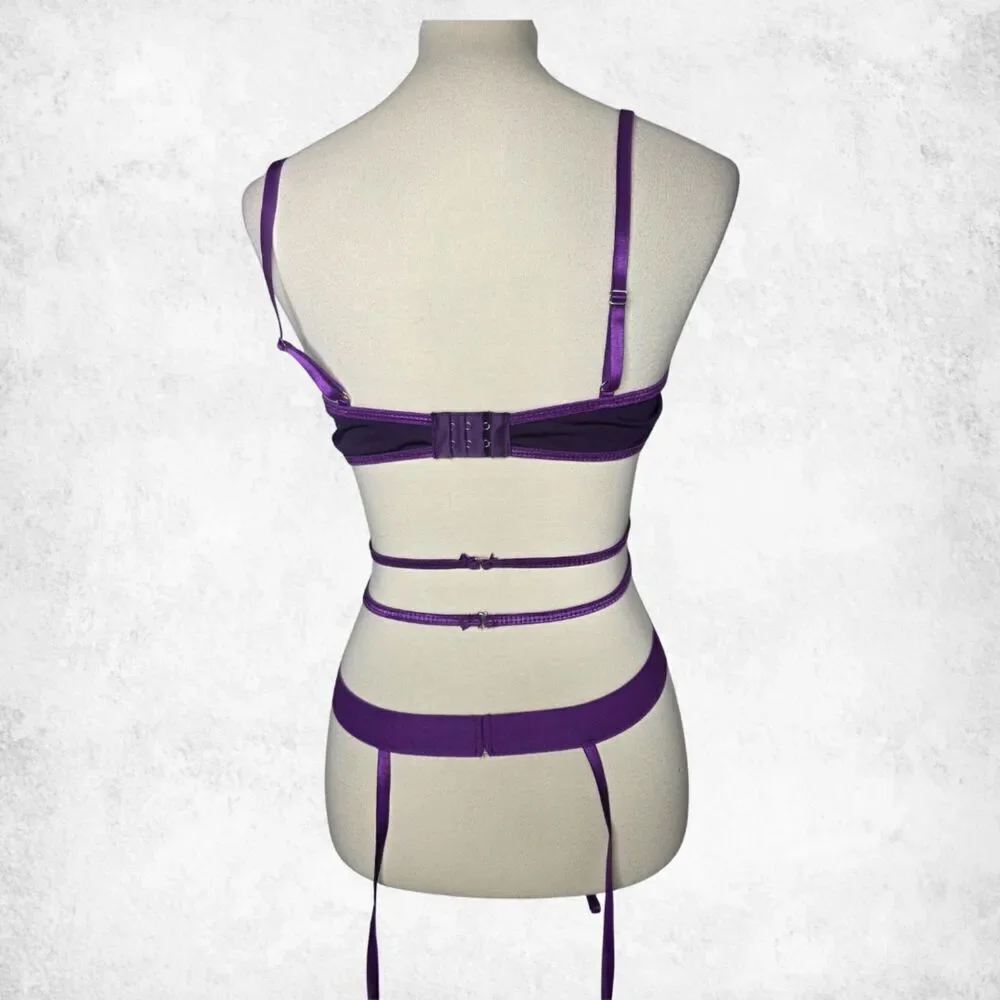 Purple Lace Mesh Garter Bodysuit – XL Strappy Fishnet Goth Glam Seductive Teddy - Picture 4 of 6